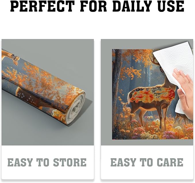 Giwawa Fall Deer Placemats Set of 4, 12"x18" Autumn Forest Trees Moose Linen Place Mat, Woodland Wildlife Washable Non-Slip Table Mats for Kitchen Dining Party Picnic Indoor Outdoor Decor