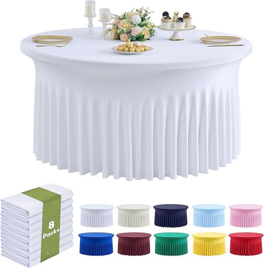 Outpain 8 Pack White Round Spandex Tablecloths for 60in/5FT Tables, 120Inch Stretchy Fitted Round Table Clothes,Wrinkle Free Table Cover with Skirt for Wedding Party Dining Banquet