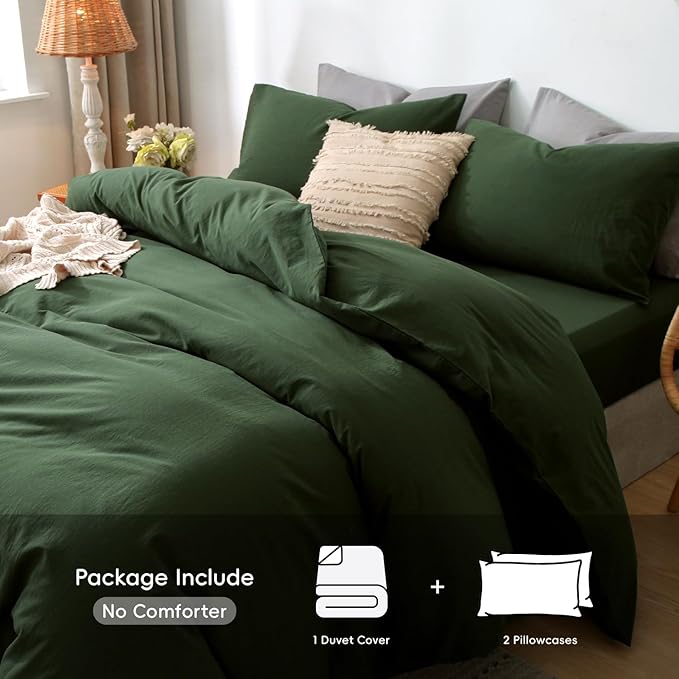 MooMee Bedding Duvet Cover Set 100% Washed Cotton Linen Like Textured Breathable Durable Soft Comfy (Solid Forest Green, Super King Plus 120"x120")