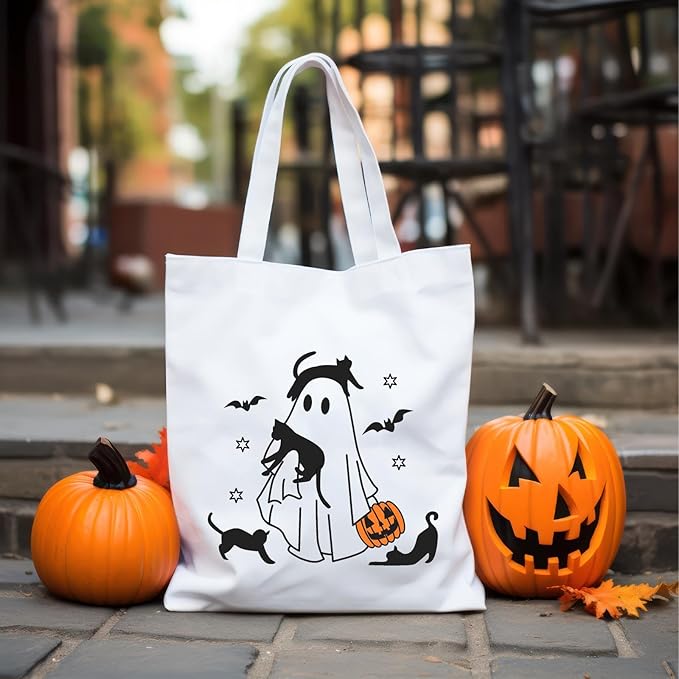 Cute Ghost Tote Bag Black Cats Tote Bag Halloween Cotton Canvas Bag for Women Gift Reusable Grocery Bag Shopping Beach Shoulder Bag