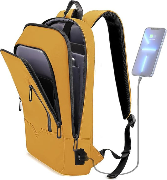 hk Backpack for Men Business Slim Backpack with USB Charger Computer Lightweight Anti-theft Travel (Yellow, 17.3 Inch)