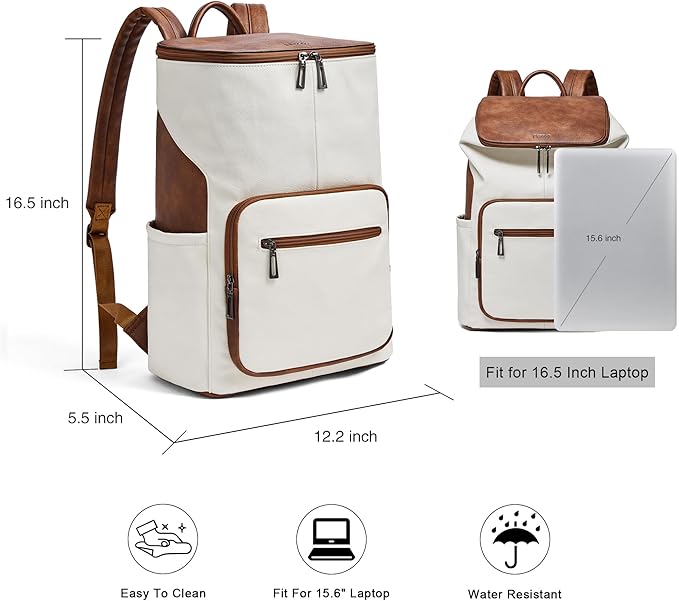 Leather Laptop Backpack for Women, 15.6 Inch Travel Backpack with Laptop Compartment, Casual Daypack Fashion Travel Backpack Purse for Travel College Work, Beige Brown
