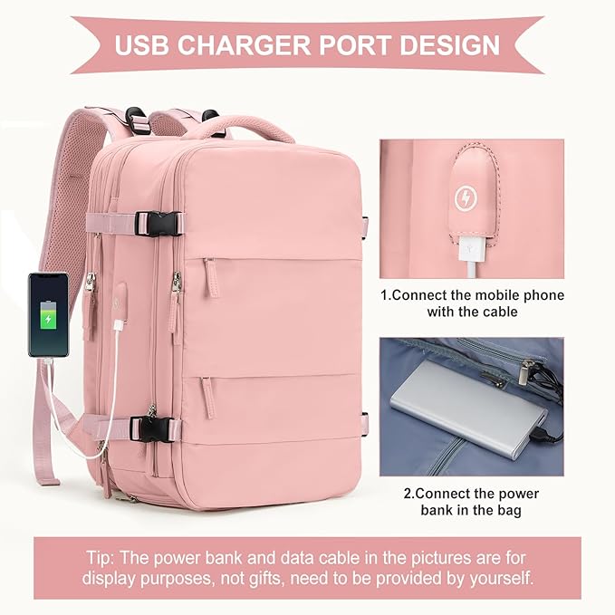 coowoz Large Travel Backpack For Women Men, Carry On Backpack,Hiking Backpack Waterproof Outdoor Sports Rucksack Casual Daypack Expandable Heavy Duty Extra large Backpack Pink Expansion