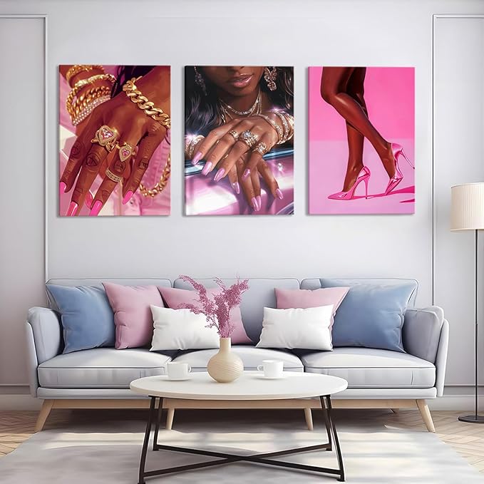 Pink Fashion Black Girl Canvas Wall Art Set of 3 African American Black Woman Posters Wall Decor Fashion Black Woman Pictures Prints for Living Room Bedroom Artwork Home Decoration 12x16Inch Framed