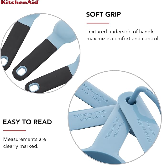 KitchenAid Universal Easy To Read Measuring Cup and Spoon Set with Soft Grip Handle for Maximum Control, Hang Hole and Nesting For Easy Storage, Dishwasher Safe, 9 Piece, Blue Velvet