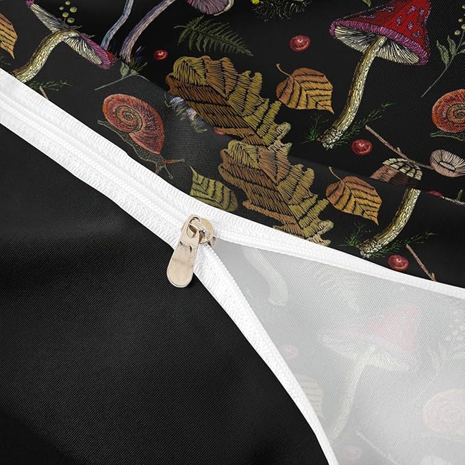 Wild Mushroom Duvet Cover Set Burgundy Plant Fall Thanksgiving Leaves Bedding Set for Kids Farmhouse Style Snail Print Comforter Cover Soft Polyester Quilt Cover 2 Pillow Case King,No Comforter