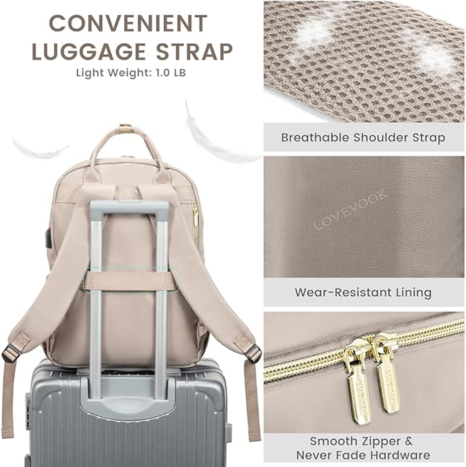 LOVEVOOK Laptop Backpack for Women, Water Resistant Travel Work Backpacks Purse Stylish Business Teacher Nurse Computer Bag with USB Charging Port,Pink Gray