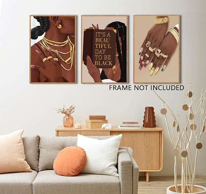 Marllifenney 3 Pcs Black Woman Wall Art Black Girl Posters Abstract African American Canvas Prints Black Women Painting Decor Modern Boho Female Pictures for Bedroom Living Room 12x16in Unframed