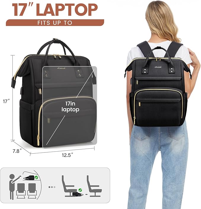 LOVEVOOK Laptop Backpack for Women,17 Inch Professional Womens Travel Backpack Purse Computer Laptop Bag Nurse Teacher Backpack,Waterproof College Work Bags Carry on Back Pack with USB Port,Black