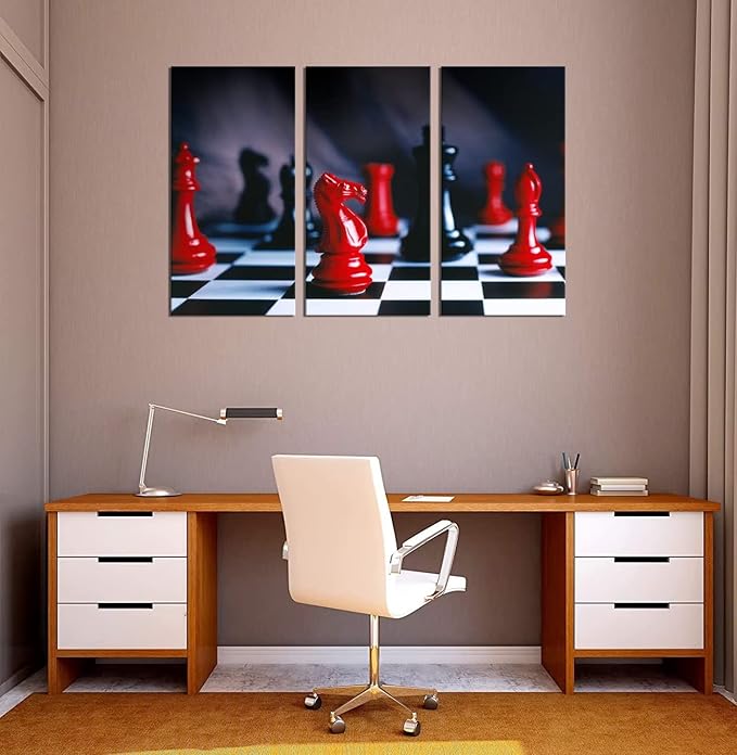 3 Piece Canvas Wall Art - Red and Black Chess Pieces Shot On Black and White Chess Board - Modern Home Decor Stretched and Framed Ready to Hang (40''H x 60''W)