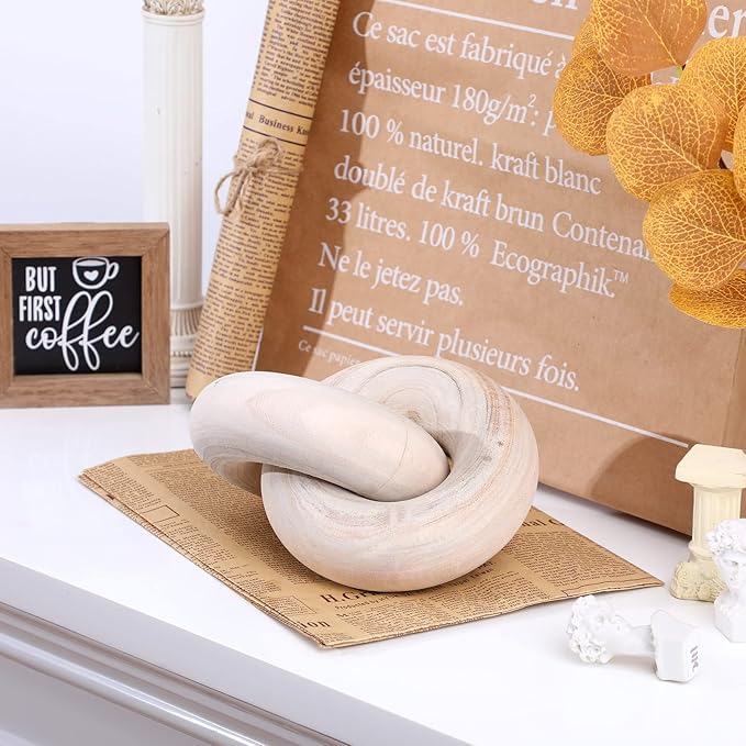 Yalikop 2 Link Wood Chain Link Decor Coffee Table Wooden Knot Decor Hand Carved Modern Farmhouse Ornament Boho Rustic Natural Chain Items for Home Living Room Bedroom Shelf Decorations(Wood)