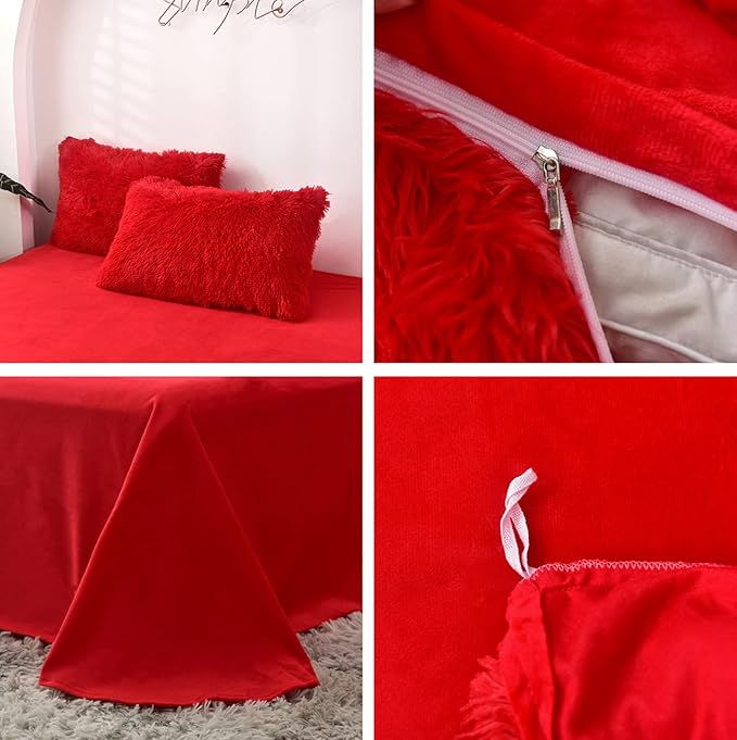 MorroMorn 5 PCS Shaggy Duvet Cover Bedding Set - Long Faux Fur Luxury Ultra Soft (Red, King/California King)