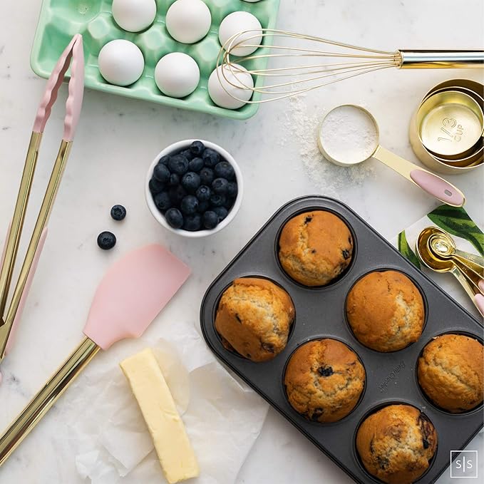 Gold and Pink Kitchen Utensil Set with Holder - 7-Piece Cooking Tools with Gold Whisk, Ladle, Tongs, Turner, Spatula, and Spoon - Stylish Pink Kitchen Accessories for Modern Cooking & Serving