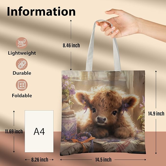 Western Highland Cow Canvas Tote Bag - Highland Cow Lover Gifts,Canvas Shoulder Bag for Women for Girls