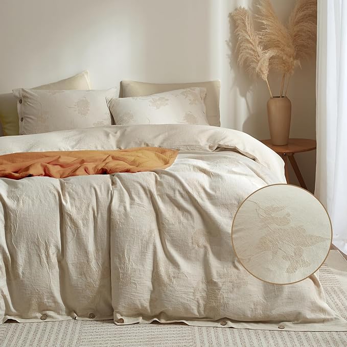 mixinni King Duvet Cover Set - 70% Cotton 30% Linen Blend, Bohemian Floral Jacquard 3-Piece Comforter Cover with 2 Pillowcases, Soft Breathable Lightweight Bedding Set (104"x90"), Almond Milk Grey