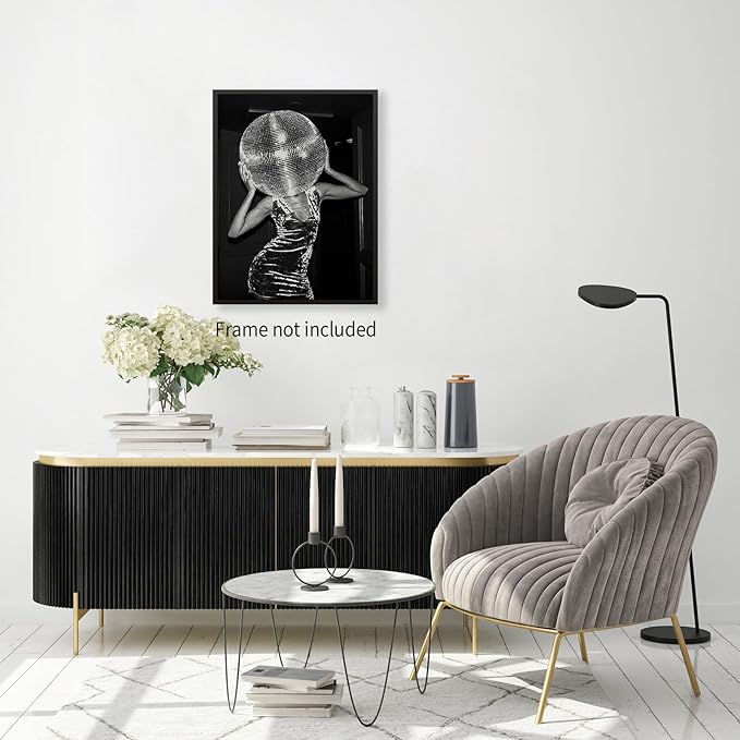 Sufeasdf Vintage Funky Y2k Hot Girl Poster Black and White Disco Ball Canvas Wall Art Trendy Preppy Bar Cart Decor for Living Room Dorm 12x16 inch Unframed