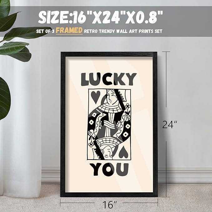Heiple Framed Set of 3 Poker Wall Art Lucky You Poster, Trendy Retro Wall Art for Queen of Hearts Wall Art Rustic Vintage Farmhouse Home Wall Decor (Black, 16"x24")