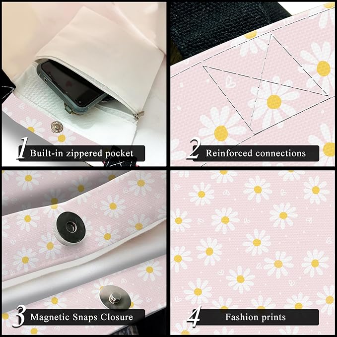 Canvas Tote Bag for Women，Cute Heavy-Duty Shoulder Bag with Zipper Pocket -Travel Tote for Grocery, Gym,Shopping