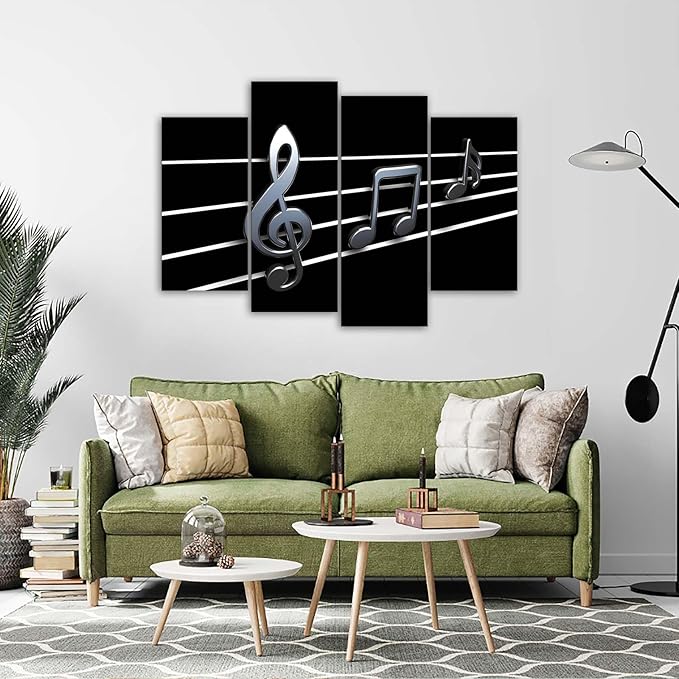 Biuteawal Music Wall Art Modern Musical Note Canvas Prints 4 Panels Stretched and Framed Black White Notes Beating on Staff Picture Decor Artwork for Party Home Living Room Bedroom Ready to Hang