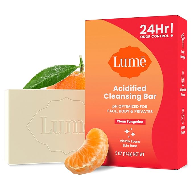 Lume Acidified Body Cleansing Bar - 24 Hour Odor Control - Removes Odor Better than Soap - Moisturizing Formula - Formulated Without SLS orParabens - OB/GYN Developed - 5 ounce (Clean Tangerine)