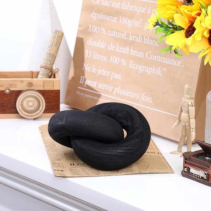 Yalikop 2 Link Wood Chain Link Decor Coffee Table Wooden Knot Decor Hand Carved Modern Farmhouse Ornament Boho Rustic Natural Chain Items for Home Living Room Bedroom Shelf Decorations(Black)