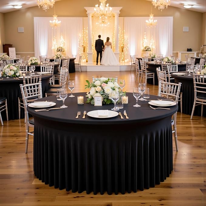 Outpain 6 Pack Black Round Spandex Tablecloth for 60 Inch/5FT Tables - Stretchy Table Cloth with Skirt, Wrinkle-Free Fitted Cloth for Wedding Vendor, Banquet & Graduation Decor (120" Round)