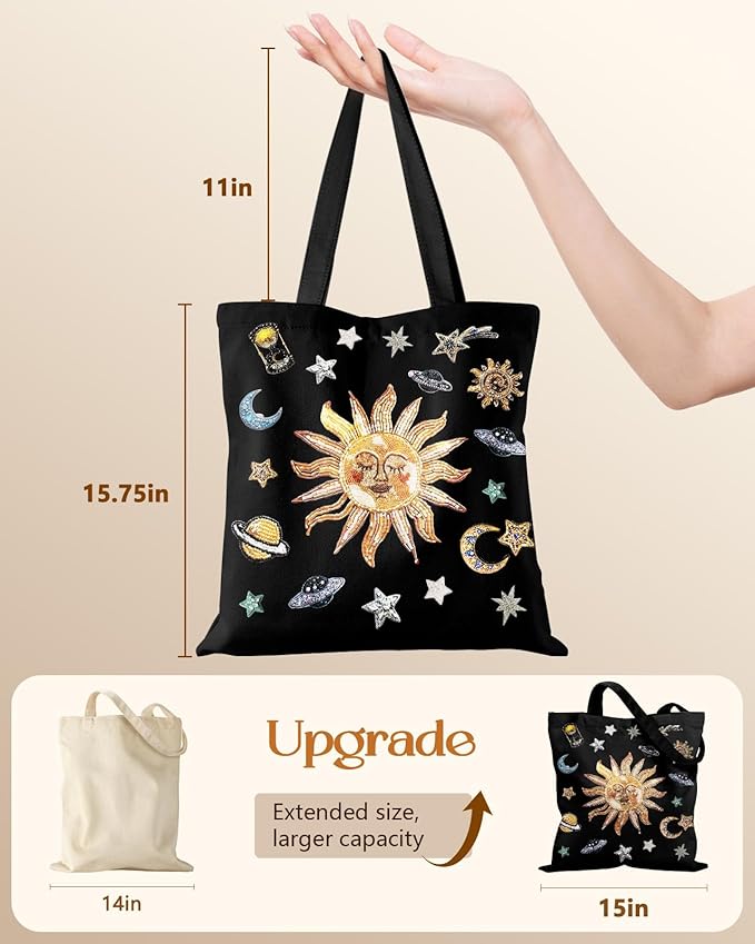 Canvas Tote Bag for Women – Aesthetic Canvas Bag with Zipper Cute Stylish Reusable Shoulder Totes for Shopping Work Daily Vacation, Sun Planets