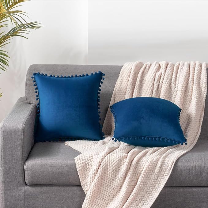 DEZENE 18x18 Throw Pillow Covers Dark-Blue: 2 Pack Cozy Soft Pom-poms Velvet Square Decorative Pillow Cases for Farmhouse Home Decor
