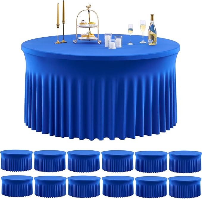 Outpain Royal Blue Spandex Round Tablecloths for 72 inch Tables, Stretchy 132inch Fitted 6FT Round Table Cloths with Skirt for Wedding Party Dining Banquet