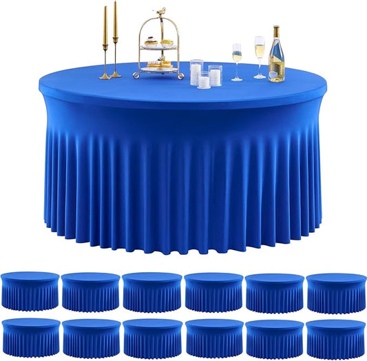 Outpain Royal Blue Spandex Round Tablecloths for 72 inch Tables, Stretchy 132inch Fitted 6FT Round Table Cloths with Skirt for Wedding Party Dining Banquet