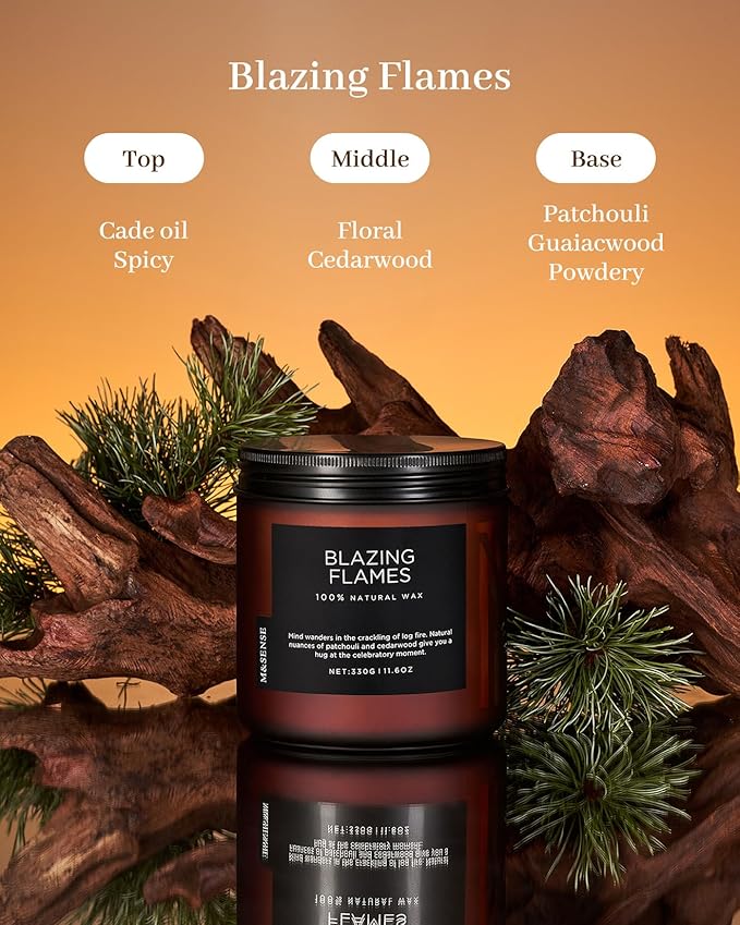 M&SENSE Blazing Flame Scented Candles with Log Fire - Cade & Patchoulli Scent, 70 Hours 11.6oz Natural Soy Wax for Home Decor Housewarming Gift, 2 Cotton Wick Candle for Celebration