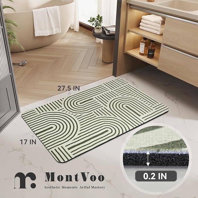 MontVoo -Bath Mat-Non Slip Thin Bathroom Rugs Fit Under Door- Quick Dry Absorbent Faux Suede Surface Grey Bathroom Floor Mats-Shower Rug for in Front of Bathtub Shower Ivory & Green Arched 17x27.5