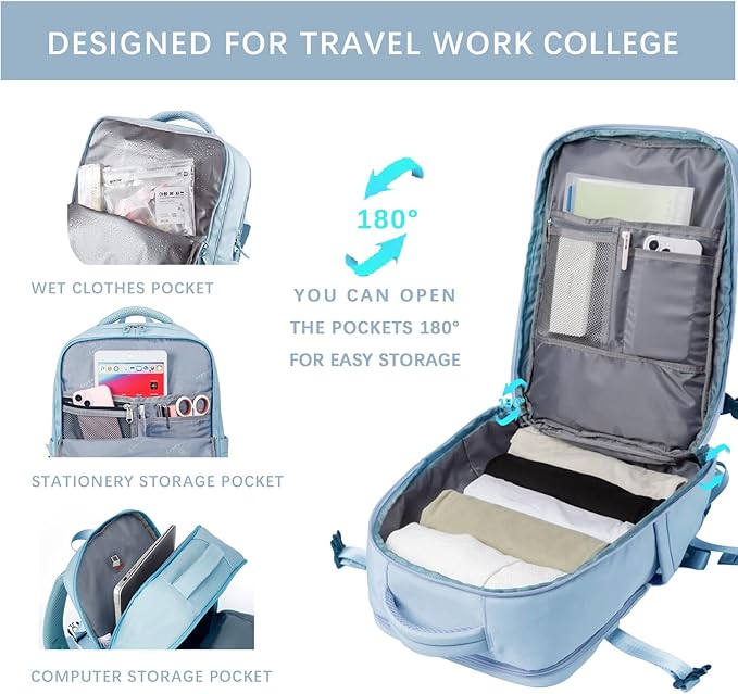 SHRRADOO Travel Laptops Backpack for Women Men, Casual Work Bag 17inch High School College Backpack Airline Approved Backpack for Hiking Business (Light Blue)