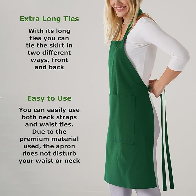 TOSHE Kitchen Apron Waterdrop Resistant Cotton Apron with adjustable Aprons for Women with Pockets 12 Color option Cooking Green Apron (Green)