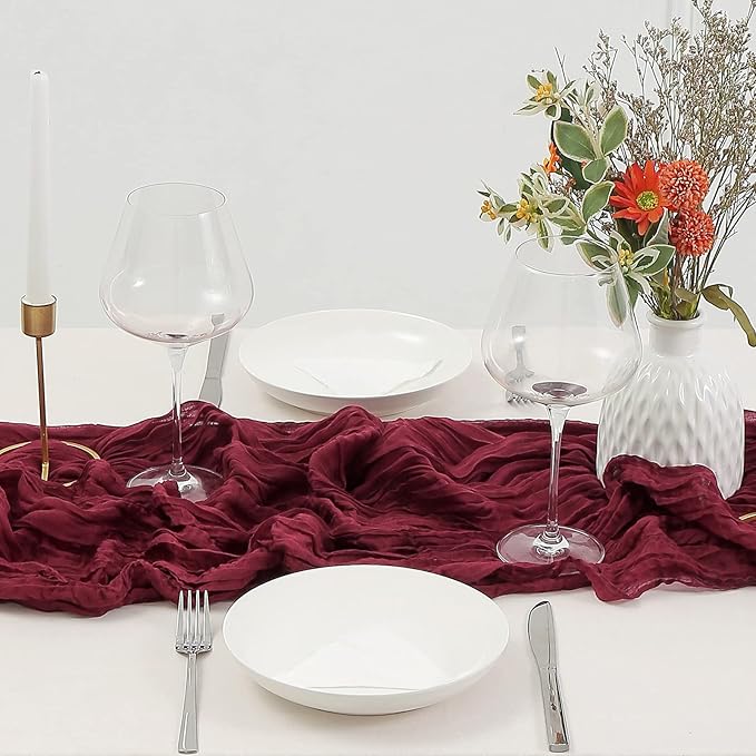 DOLOPL Christmas Table Runner, Burgundy Cheesecloth Table Runner for Christmas Decorations 10ft Cheese Cloth Table Runner Gauze Runner 120inch Long for Christmas Wedding Bridal Baby Shower Birthday