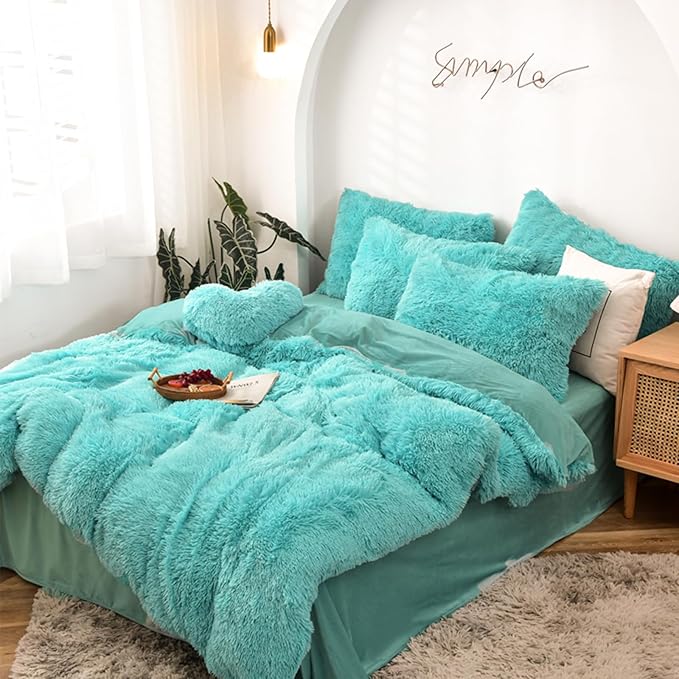 MorroMorn 5 PCS Shaggy Duvet Cover Bedding Set - Long Faux Fur Luxury Ultra Soft (Aqua, Full/Queen)