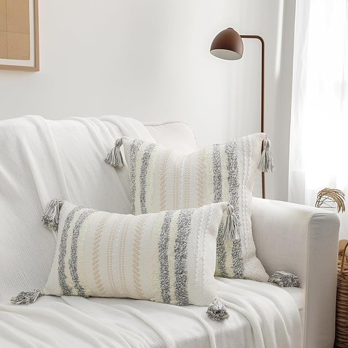 decorUhome Decorative Boho Throw Pillow Cover 12x20, Lumbar Accent Neutral Textured Tufted Pillow Cover Striped for Couch Bed Sofa, Light Grey and Cream White, Pack of 1