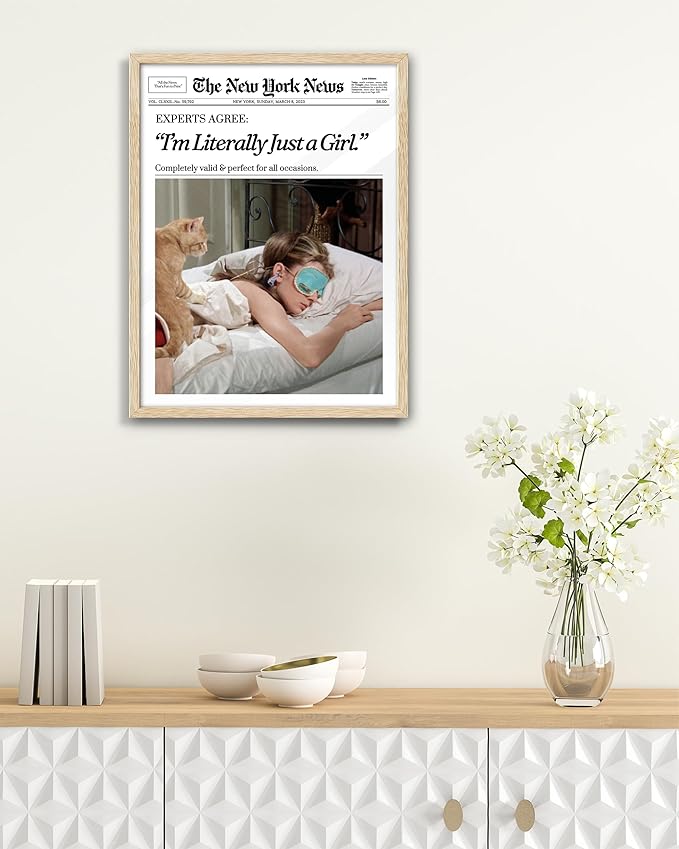 EcoHest Trendy Newspaper Audrey Hepburn Magazine Framed Wall Art, 12x16 in OAK Wood I‘m Literally Just a Girl Canvas Wall Art Home Decor, Beige Retro Set of 1 For Bedroom Living Room