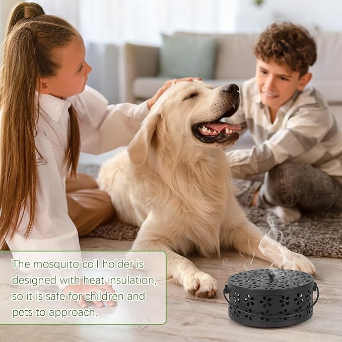 Portable Iron Mosquito Coil Holder with Handle Round Heat-Resistant Incense Holder (2 Pack Black)