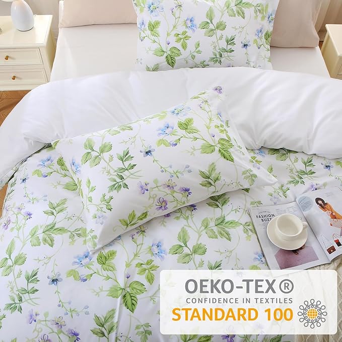 MUXHOMO Duvet Cover Queen Size, Reversible Floral Vintage Duvet Cover Set with Zipper Closure, 3 Pieces Botanical Patterns Soft Microfiber Bedding Set (90"x90", 2 Pillow Cases, Green Branch)