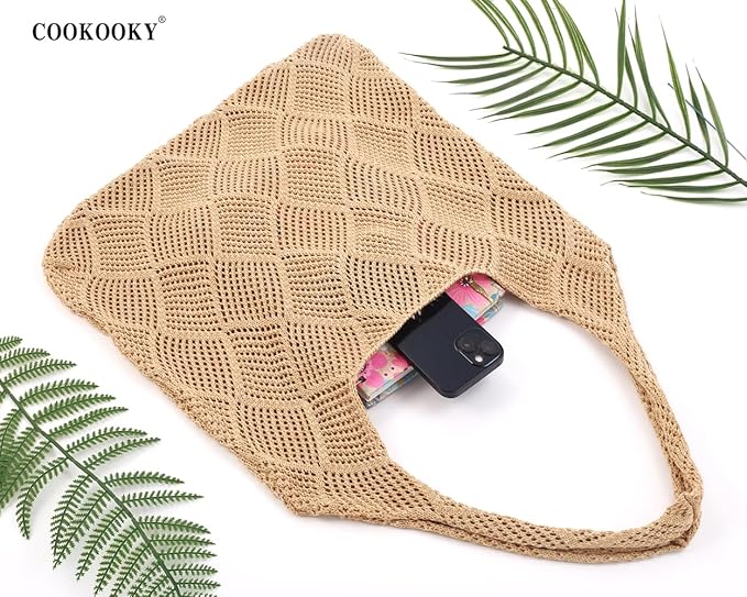 COOKOOKY Crochet Beach Tote bag Summer Beach Bag for Women Aesthetic Mesh Tote Bag Hippie Bag Knit Bag