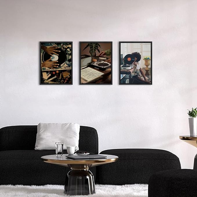 YFvrPt Black Woman Wall Art Set of 3, Fashion African American Women Wall Decor Trendy Abstract Girl Canvas Prints Aesthetic Pictures for Bedroom Living Room 12x16 inch Black Framed