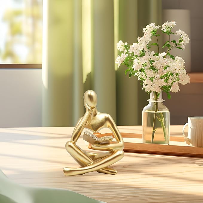 Gold Reading Women Statue, Thinker Sculptures, Abstract Art Ornament, Modern Aesthetic Figurine Decoration, Suitable for Home Living Room Bedroom Office Shelf Table Desk Bookshelf Decor