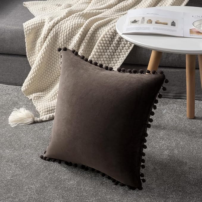 DEZENE Decorative Pillow Cases 22x22 Brown: 2 Pack Cozy Soft Pom-poms Velvet Square Throw Pillow Covers for Farmhouse Home Decor