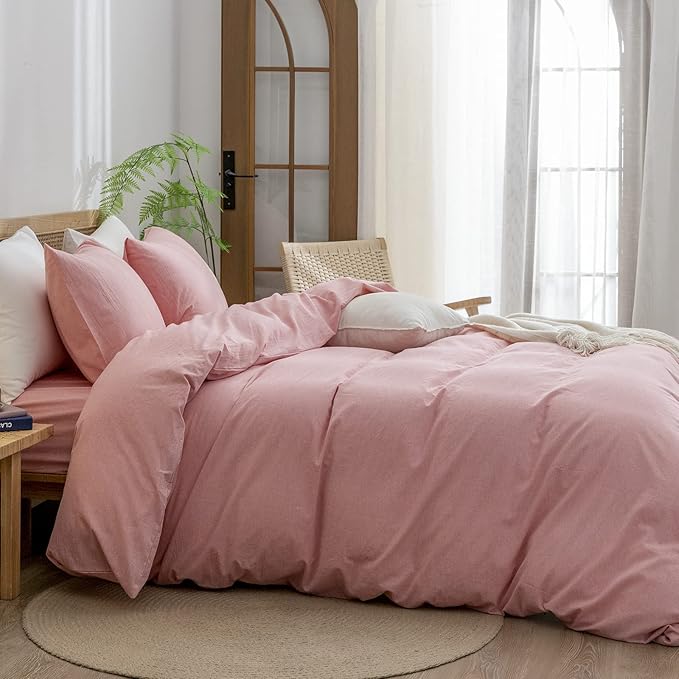 BESTOUCH Duvet Cover Set 100% Washed Cotton Linen Feel Super Soft Comfortable Chic Lightweight 3 PCs Home Bedding Set Solid Red Pink Cal King