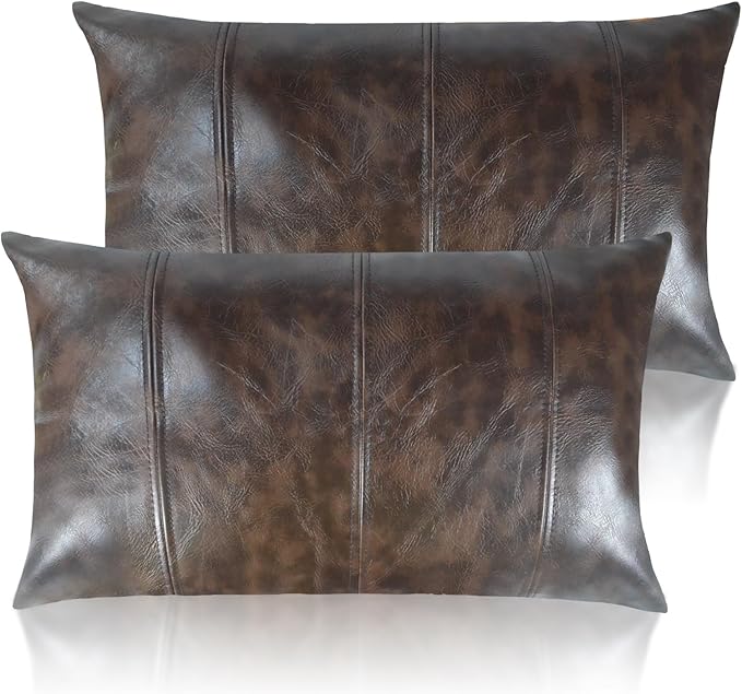 Faux Leather Throw Pillow Covers 12X20 Inch Set of 2 Outdoor Modern Farmhouse Solid Decorative Pillow Covers for Room Couch Living Bedroom Bed Sofa