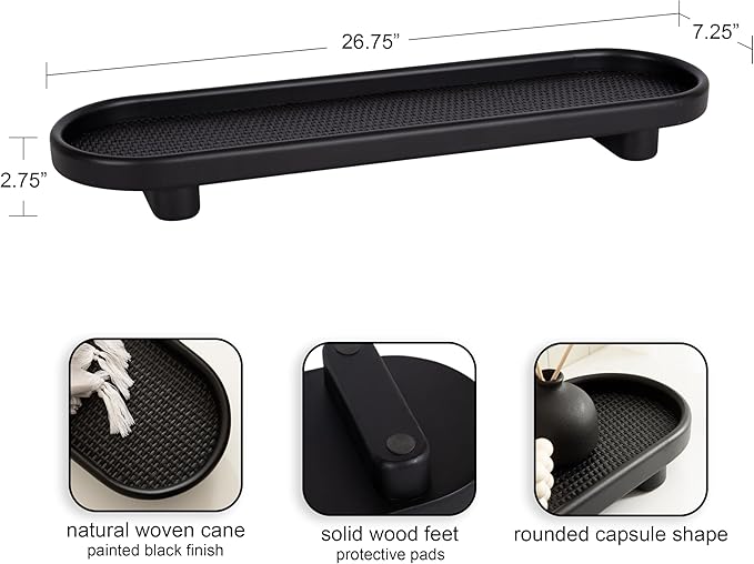 Kate and Laurel Planche Decorative Capsule Woven Tray with Solid Wood Frame, 27 x 8, Black, Modern Slim Wood Rectangle Serving Tray for Living Room