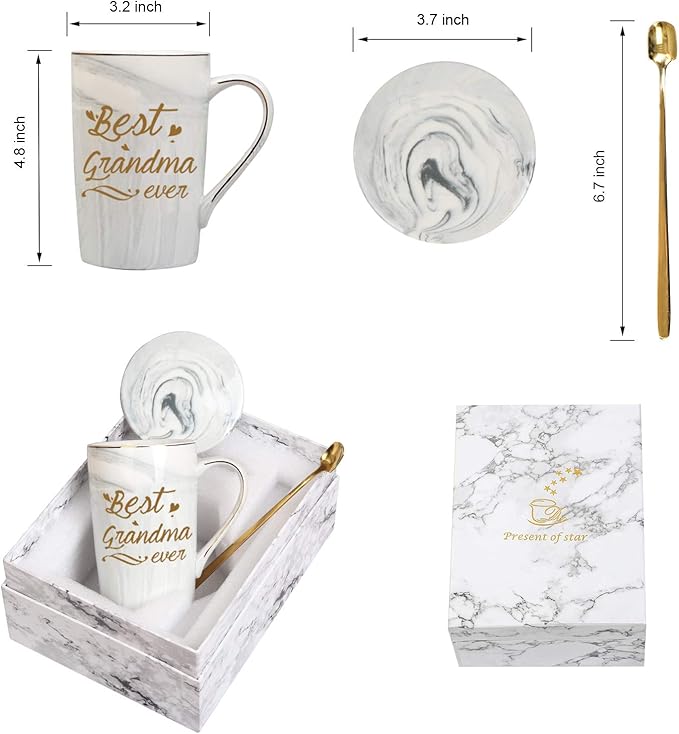 Best Grandma Ever Mug Coffee Gifts Birthday Mothers Day for from Granddaughter Grandson Grandchildren Grandkids 14 Ounce Gift Box with Spoon and Mat Gray