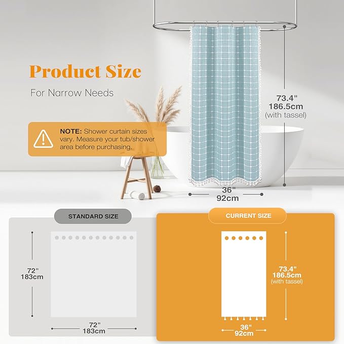BTTN Boho Shower Stall Curtain - 36x72 Narrow Linen Ultra Thick Tassel Fabric Cloth Shower Curtain Set with 6 Plastic Hooks, Half Small Modern Farmhouse Country Shower Curtains for Bathroom, Fog Blue