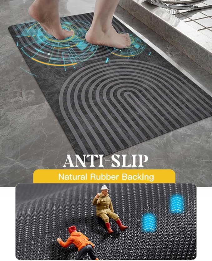 MontVoo -Bath Mat-Non Slip Thin Bathroom Rugs Fit Under Door- Quick Dry Absorbent Faux Suede Surface Grey Bathroom Floor Mats-Shower Rug for in Front of Bathtub Shower Dark Grey Arched 17x27.5